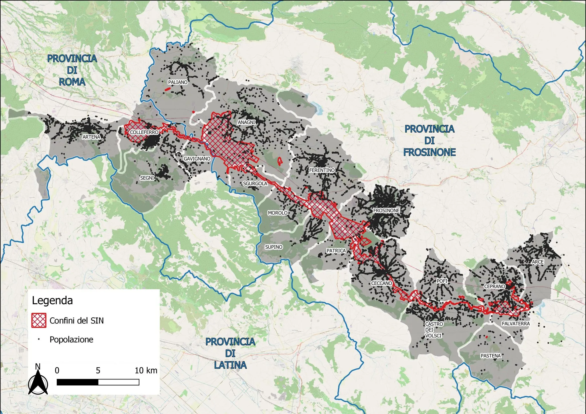 Perimetrazione del SIN Bacino del Fiume Sacco, comuni e geolocalizzazione della popolazione residente